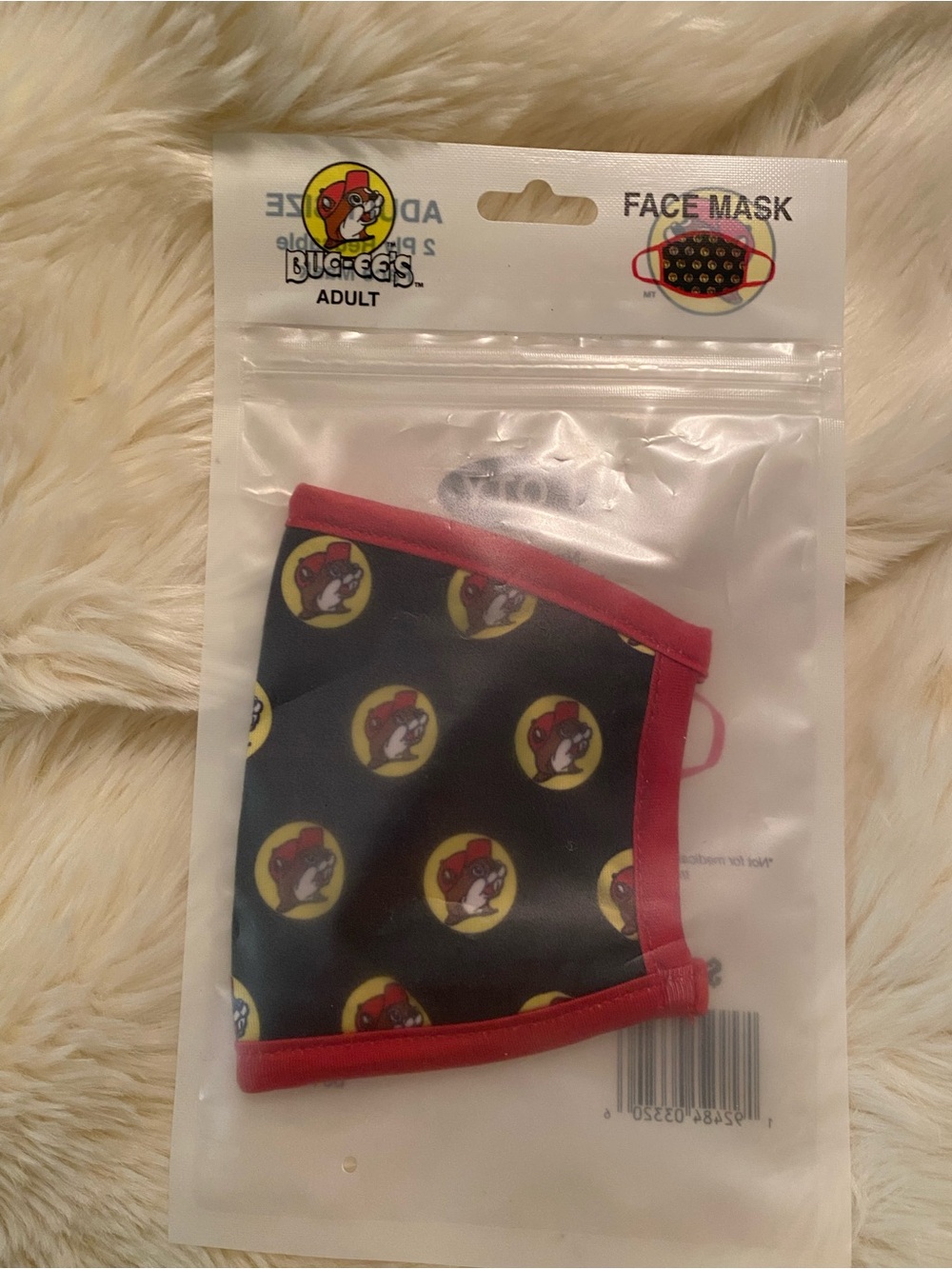 Adult Black Face Mask with Red Trim and Buc-ee’s Logo Pattern